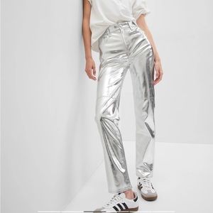 Gap High Rise Faux-Leather Straight Jeans Silver Metallic size 25 regular